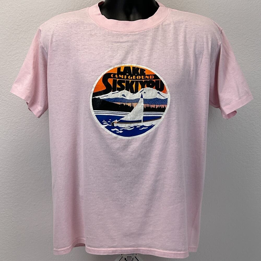 Vintage 90s Lake Siskiyou Campground T Shirt L Large California Sailboat Pink